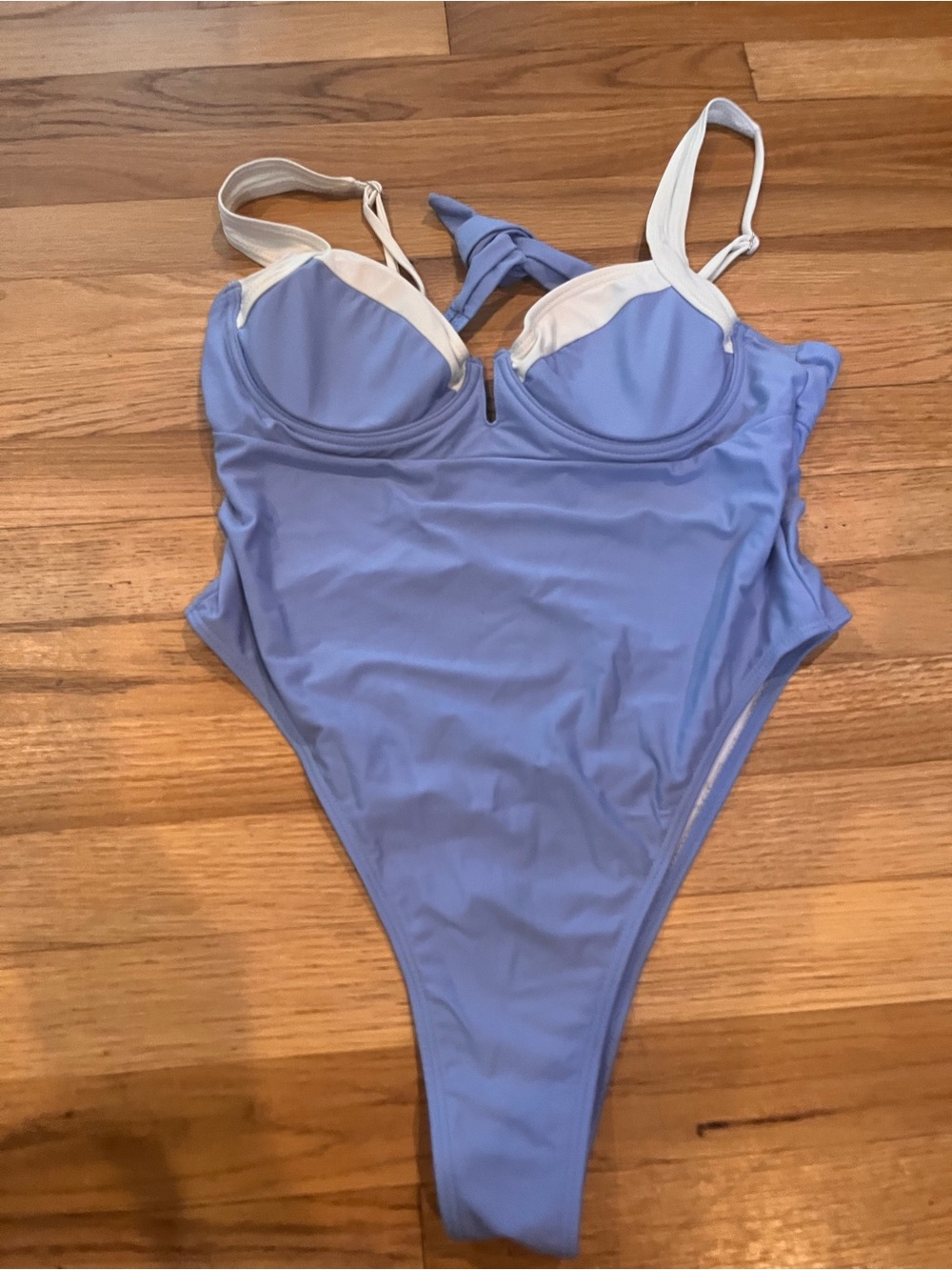 SHEIN Light Blue One-Piece Swimsuit with White Trim